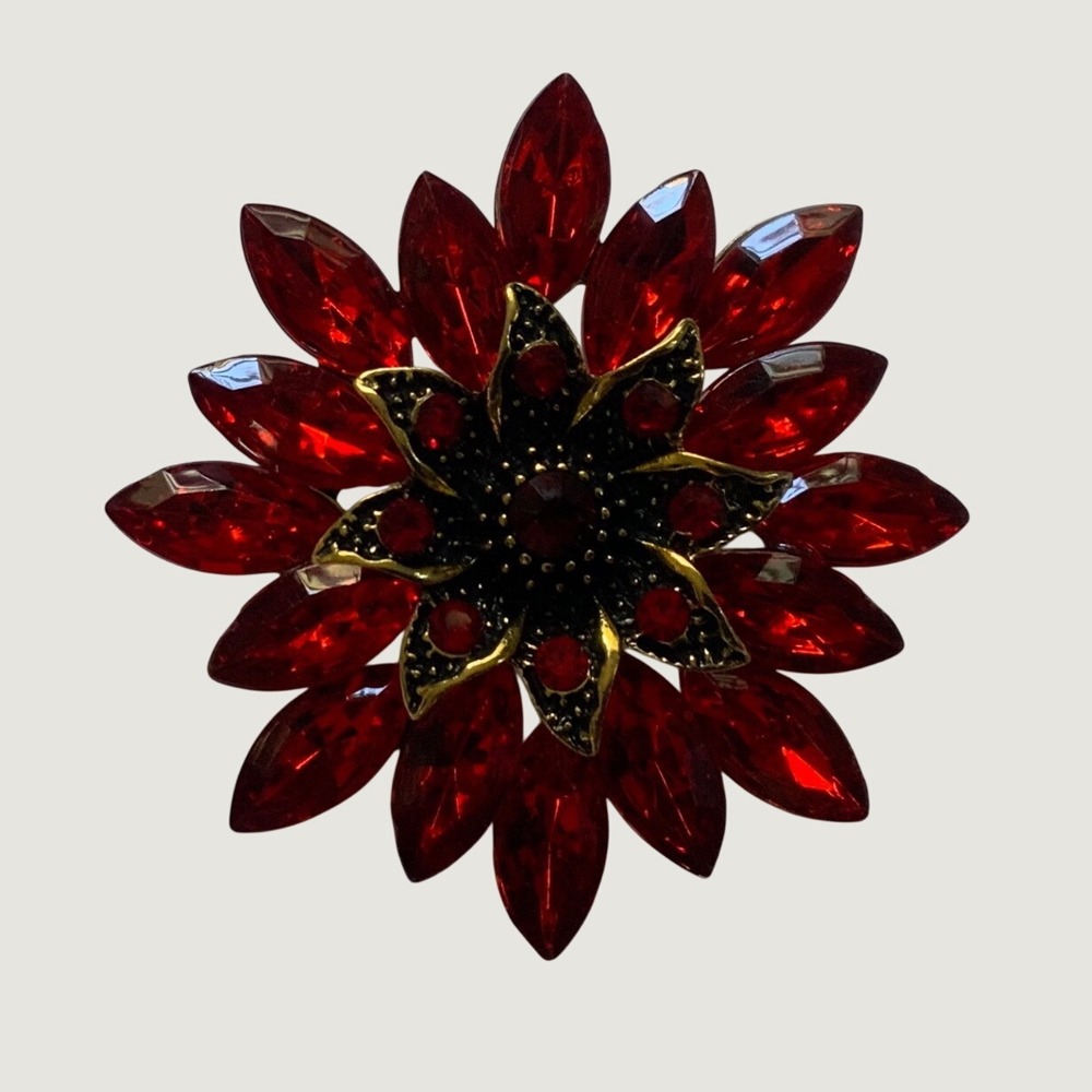 Vintage Style Red Rhinestone Flower Brooch Pin Gold Tone Crystal Sunburst Burst